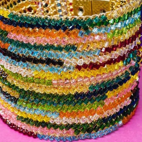 Multicolored Hand Made Gold Crochet Rainbow Cuff - Picture 7 of 8